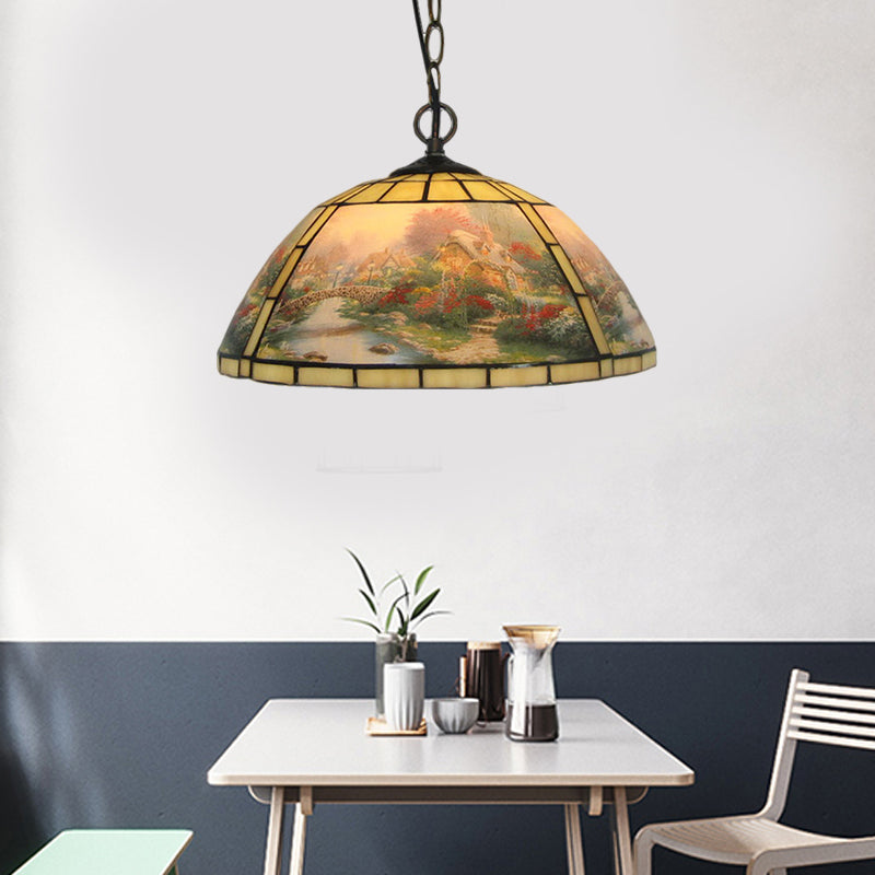 Cut Glass Domed Hanging Light Kit Victorian 1 Bulb Yellow/Blue Pendant Lamp with Eagle Pattern for Dining Room Clearhalo 'Art Deco Pendants' 'Cast Iron' 'Ceiling Lights' 'Ceramic' 'Crystal' 'Industrial' 'Metal' 'Middle Century Pendants' 'Pendant Lights' 'Pendants' 'Tiffany close to ceiling' 'Tiffany Pendants' 'Tiffany' Lighting' 1711441