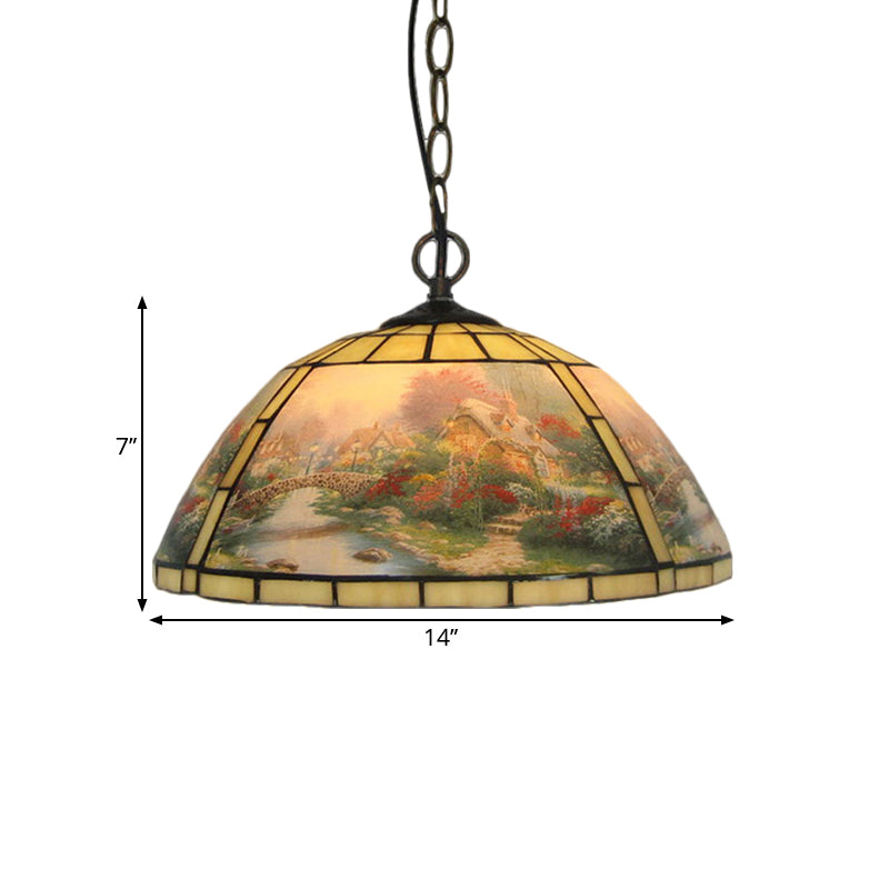 Cut Glass Domed Hanging Light Kit Victorian 1 Bulb Yellow/Blue Pendant Lamp with Eagle Pattern for Dining Room Clearhalo 'Art Deco Pendants' 'Cast Iron' 'Ceiling Lights' 'Ceramic' 'Crystal' 'Industrial' 'Metal' 'Middle Century Pendants' 'Pendant Lights' 'Pendants' 'Tiffany close to ceiling' 'Tiffany Pendants' 'Tiffany' Lighting' 1711444