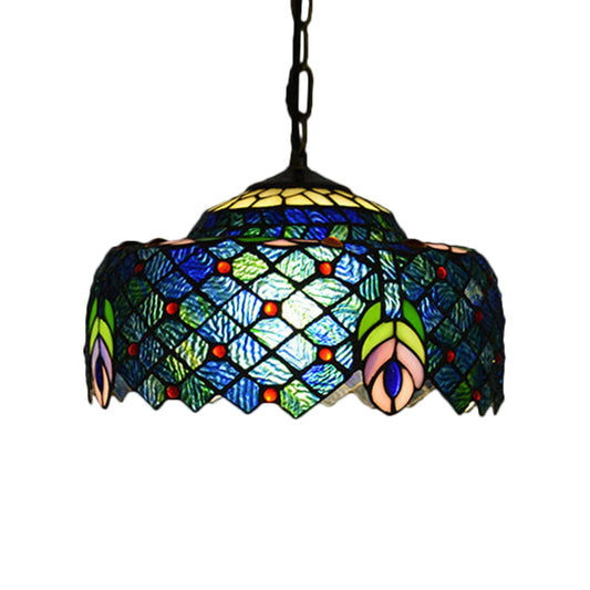 Blue and Green Drum Hanging Lamp Kit Tiffany 1-Light Hand Cut Glass Ceiling Light with Peacock Tail Pattern Clearhalo 'Art Deco Pendants' 'Cast Iron' 'Ceiling Lights' 'Ceramic' 'Crystal' 'Industrial' 'Metal' 'Middle Century Pendants' 'Pendant Lights' 'Pendants' 'Tiffany close to ceiling' 'Tiffany Pendants' 'Tiffany' Lighting' 1711447