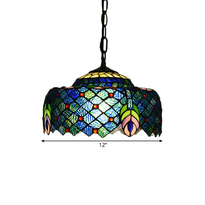 Blue and Green Drum Hanging Lamp Kit Tiffany 1-Light Hand Cut Glass Ceiling Light with Peacock Tail Pattern Clearhalo 'Art Deco Pendants' 'Cast Iron' 'Ceiling Lights' 'Ceramic' 'Crystal' 'Industrial' 'Metal' 'Middle Century Pendants' 'Pendant Lights' 'Pendants' 'Tiffany close to ceiling' 'Tiffany Pendants' 'Tiffany' Lighting' 1711448