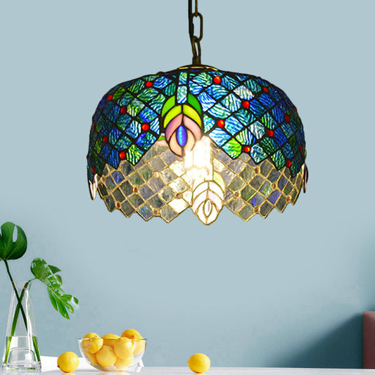 1 Light Peacock Tail Hanging Light Kit Mediterranean Blue Cut Glass Pendant Lighting with Drum Shade Blue Clearhalo 'Art Deco Pendants' 'Cast Iron' 'Ceiling Lights' 'Ceramic' 'Crystal' 'Industrial' 'Metal' 'Middle Century Pendants' 'Pendant Lights' 'Pendants' 'Tiffany close to ceiling' 'Tiffany Pendants' 'Tiffany' Lighting' 1711449