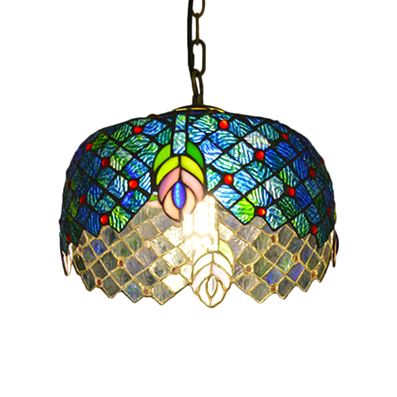 1 Light Peacock Tail Hanging Light Kit Mediterranean Blue Cut Glass Pendant Lighting with Drum Shade Clearhalo 'Art Deco Pendants' 'Cast Iron' 'Ceiling Lights' 'Ceramic' 'Crystal' 'Industrial' 'Metal' 'Middle Century Pendants' 'Pendant Lights' 'Pendants' 'Tiffany close to ceiling' 'Tiffany Pendants' 'Tiffany' Lighting' 1711451