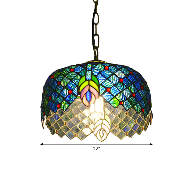 1 Light Peacock Tail Hanging Light Kit Mediterranean Blue Cut Glass Pendant Lighting with Drum Shade Clearhalo 'Art Deco Pendants' 'Cast Iron' 'Ceiling Lights' 'Ceramic' 'Crystal' 'Industrial' 'Metal' 'Middle Century Pendants' 'Pendant Lights' 'Pendants' 'Tiffany close to ceiling' 'Tiffany Pendants' 'Tiffany' Lighting' 1711452