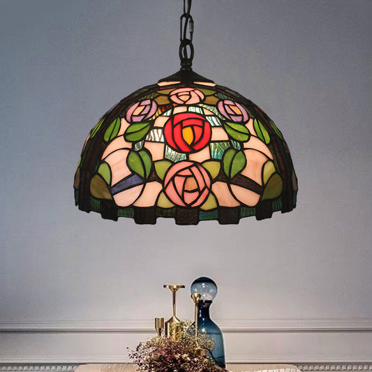 Green 1 Bulb Pendant Light Mediterranean Stained Glass Rose Patterned Ceiling Lamp with Dome Shade Green Clearhalo 'Art Deco Pendants' 'Cast Iron' 'Ceiling Lights' 'Ceramic' 'Crystal' 'Industrial' 'Metal' 'Middle Century Pendants' 'Pendant Lights' 'Pendants' 'Tiffany close to ceiling' 'Tiffany Pendants' 'Tiffany' Lighting' 1711453