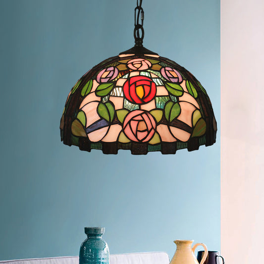 Green 1 Bulb Pendant Light Mediterranean Stained Glass Rose Patterned Ceiling Lamp with Dome Shade Clearhalo 'Art Deco Pendants' 'Cast Iron' 'Ceiling Lights' 'Ceramic' 'Crystal' 'Industrial' 'Metal' 'Middle Century Pendants' 'Pendant Lights' 'Pendants' 'Tiffany close to ceiling' 'Tiffany Pendants' 'Tiffany' Lighting' 1711454