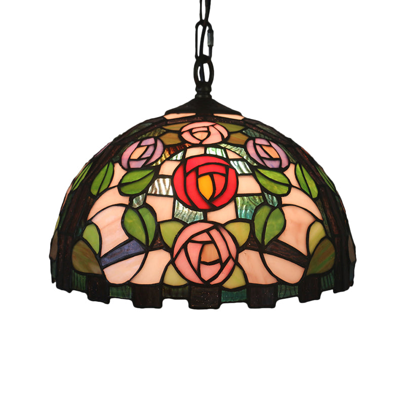 Green 1 Bulb Pendant Light Mediterranean Stained Glass Rose Patterned Ceiling Lamp with Dome Shade Clearhalo 'Art Deco Pendants' 'Cast Iron' 'Ceiling Lights' 'Ceramic' 'Crystal' 'Industrial' 'Metal' 'Middle Century Pendants' 'Pendant Lights' 'Pendants' 'Tiffany close to ceiling' 'Tiffany Pendants' 'Tiffany' Lighting' 1711455
