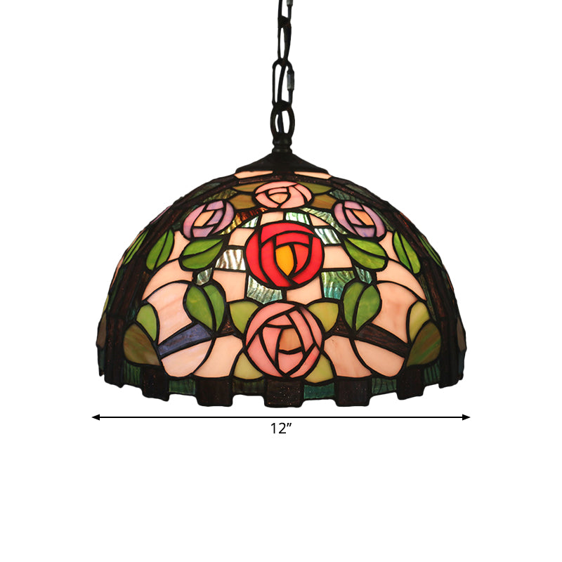 Green 1 Bulb Pendant Light Mediterranean Stained Glass Rose Patterned Ceiling Lamp with Dome Shade Clearhalo 'Art Deco Pendants' 'Cast Iron' 'Ceiling Lights' 'Ceramic' 'Crystal' 'Industrial' 'Metal' 'Middle Century Pendants' 'Pendant Lights' 'Pendants' 'Tiffany close to ceiling' 'Tiffany Pendants' 'Tiffany' Lighting' 1711456