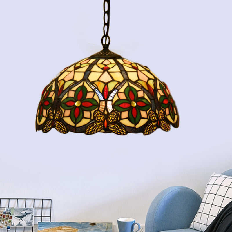 1 Head Drop Pendant Tiffany Bowl Stained Glass Hanging Light Fixture in Green with Flower Pattern Green Clearhalo 'Art Deco Pendants' 'Cast Iron' 'Ceiling Lights' 'Ceramic' 'Chandeliers' 'Crystal' 'Industrial' 'Metal' 'Middle Century Pendants' 'Pendant Lights' 'Pendants' 'Tiffany close to ceiling' 'Tiffany Pendants' 'Tiffany' Lighting' 1711457
