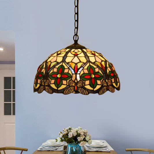 1 Head Drop Pendant Tiffany Bowl Stained Glass Hanging Light Fixture in Green with Flower Pattern Clearhalo 'Art Deco Pendants' 'Cast Iron' 'Ceiling Lights' 'Ceramic' 'Chandeliers' 'Crystal' 'Industrial' 'Metal' 'Middle Century Pendants' 'Pendant Lights' 'Pendants' 'Tiffany close to ceiling' 'Tiffany Pendants' 'Tiffany' Lighting' 1711458