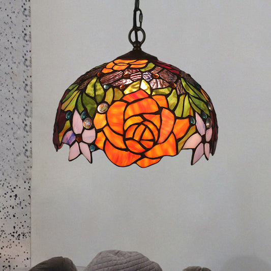 Dome Shade Cut Glass Pendant Lamp Victorian 1-Light Yellow Finish Hanging Ceiling Light with Blossom Pattern Yellow Clearhalo 'Ceiling Lights' 'Chandeliers' 'Glass shade' 'Glass' 'Industrial' 'Middle Century Pendants' 'Pendant Lights' 'Pendants' 'Tiffany close to ceiling' 'Tiffany Pendants' 'Tiffany' Lighting' 1711461