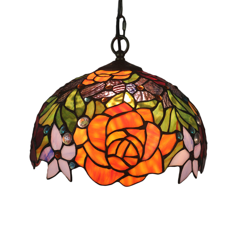 Dome Shade Cut Glass Pendant Lamp Victorian 1-Light Yellow Finish Hanging Ceiling Light with Blossom Pattern Clearhalo 'Ceiling Lights' 'Chandeliers' 'Glass shade' 'Glass' 'Industrial' 'Middle Century Pendants' 'Pendant Lights' 'Pendants' 'Tiffany close to ceiling' 'Tiffany Pendants' 'Tiffany' Lighting' 1711463