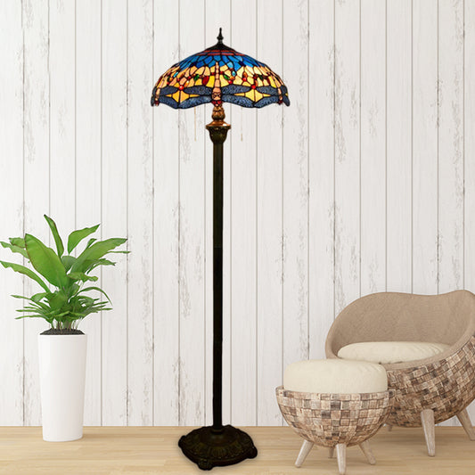 Dragonfly Floor Light 2 Heads Stained Glass Mediterranean Standing Lighting in Blue with Bowl Shade Clearhalo 'Floor Lamps' 'Lamps' Lighting' 1711499