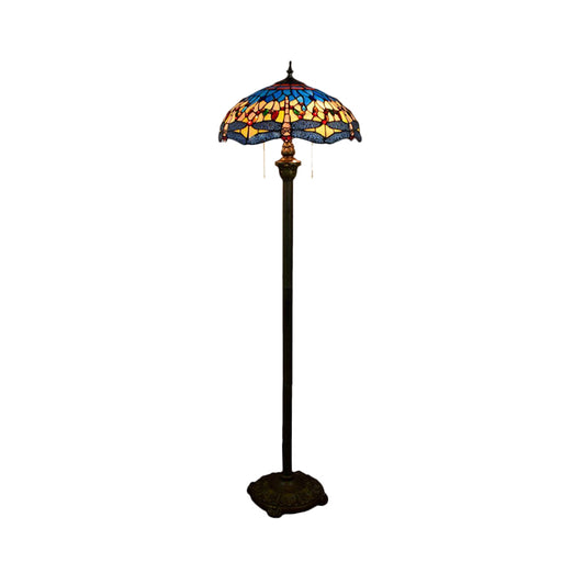 Dragonfly Floor Light 2 Heads Stained Glass Mediterranean Standing Lighting in Blue with Bowl Shade Clearhalo 'Floor Lamps' 'Lamps' Lighting' 1711500
