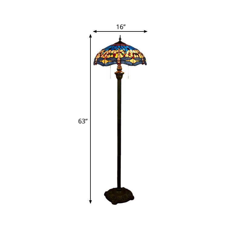 Dragonfly Floor Light 2 Heads Stained Glass Mediterranean Standing Lighting in Blue with Bowl Shade Clearhalo 'Floor Lamps' 'Lamps' Lighting' 1711501