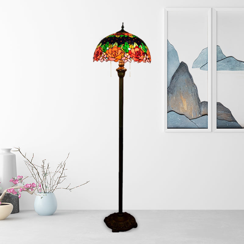 Floral Floor Lighting Tiffany Hand Cut Glass 2 Lights Green Finish Pull Chain Stand Lamp with Dome Shade Clearhalo 'Floor Lamps' 'Lamps' Lighting' 1711503