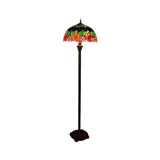 Floral Floor Lighting Tiffany Hand Cut Glass 2 Lights Green Finish Pull Chain Stand Lamp with Dome Shade Clearhalo 'Floor Lamps' 'Lamps' Lighting' 1711504