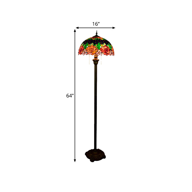 Floral Floor Lighting Tiffany Hand Cut Glass 2 Lights Green Finish Pull Chain Stand Lamp with Dome Shade Clearhalo 'Floor Lamps' 'Lamps' Lighting' 1711505