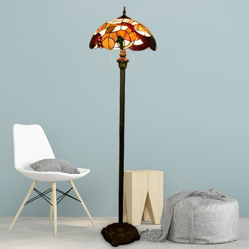 Baroque Scalloped Floor Lamp 2-Bulb Cut Glass Leaf and Grape Patterned Standing Light in Brass with Pull Chain Brass Clearhalo 'Floor Lamps' 'Lamps' Lighting' 1711506