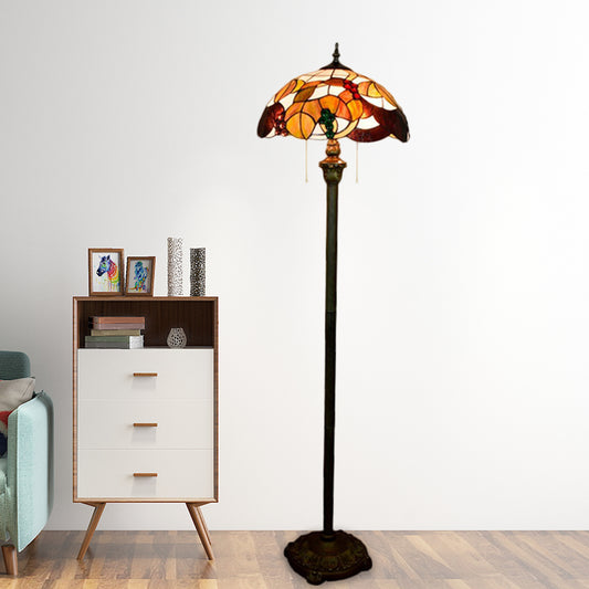 Baroque Scalloped Floor Lamp 2-Bulb Cut Glass Leaf and Grape Patterned Standing Light in Brass with Pull Chain Clearhalo 'Floor Lamps' 'Lamps' Lighting' 1711507
