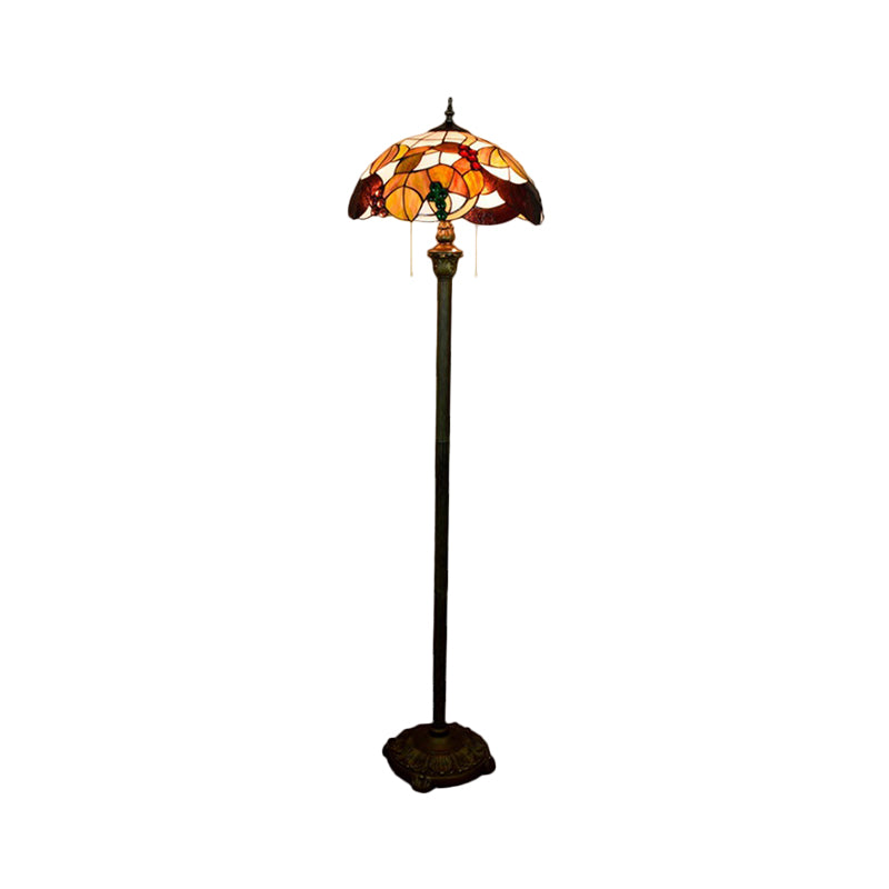 Baroque Scalloped Floor Lamp 2-Bulb Cut Glass Leaf and Grape Patterned Standing Light in Brass with Pull Chain Clearhalo 'Floor Lamps' 'Lamps' Lighting' 1711508