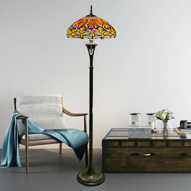 Stained Glass Dragonfly Reading Floor Lamp Baroque 3 Heads Yellow/Blue/Green Pull Chain Stand Up Light with Domed Shade Yellow Clearhalo 'Floor Lamps' 'Lamps' Lighting' 1711510