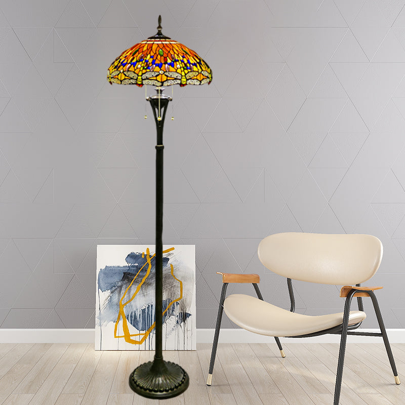 Stained Glass Dragonfly Reading Floor Lamp Baroque 3 Heads Yellow/Blue/Green Pull Chain Stand Up Light with Domed Shade Clearhalo 'Floor Lamps' 'Lamps' Lighting' 1711511