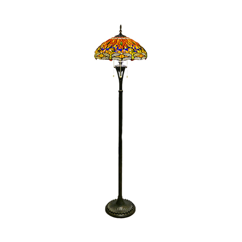 Stained Glass Dragonfly Reading Floor Lamp Baroque 3 Heads Yellow/Blue/Green Pull Chain Stand Up Light with Domed Shade Clearhalo 'Floor Lamps' 'Lamps' Lighting' 1711512