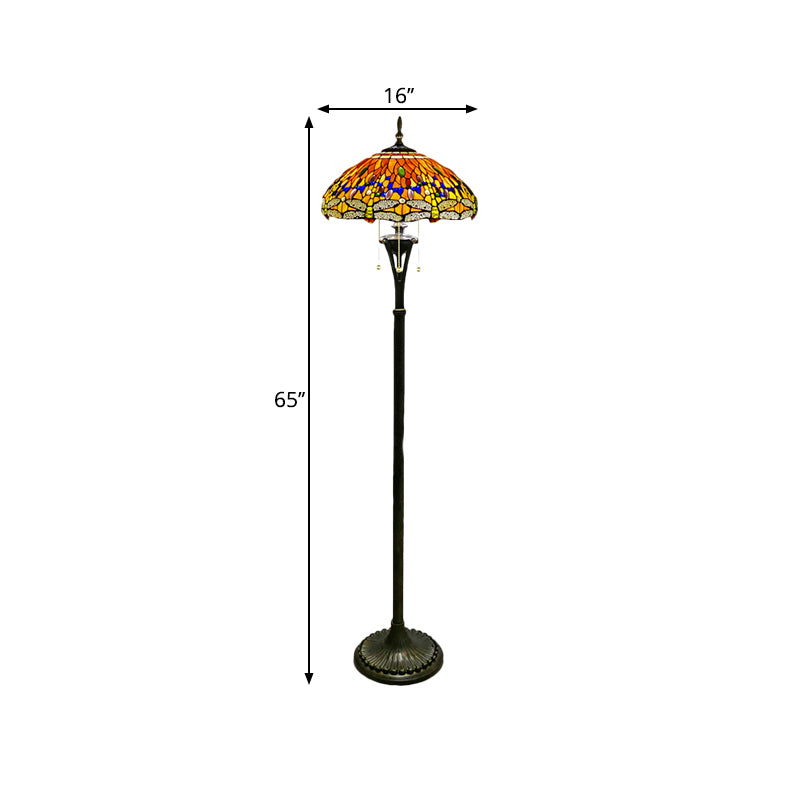 Stained Glass Dragonfly Reading Floor Lamp Baroque 3 Heads Yellow/Blue/Green Pull Chain Stand Up Light with Domed Shade Clearhalo 'Floor Lamps' 'Lamps' Lighting' 1711513