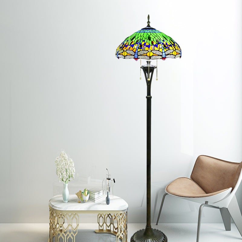 Stained Glass Dragonfly Reading Floor Lamp Baroque 3 Heads Yellow/Blue/Green Pull Chain Stand Up Light with Domed Shade Green Clearhalo 'Floor Lamps' 'Lamps' Lighting' 1711514