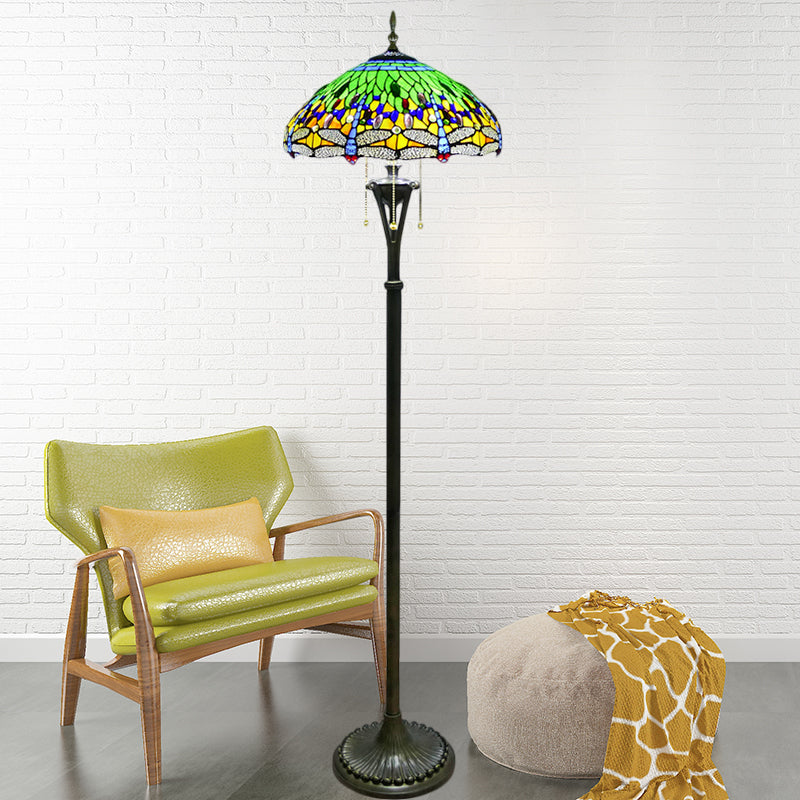 Stained Glass Dragonfly Reading Floor Lamp Baroque 3 Heads Yellow/Blue/Green Pull Chain Stand Up Light with Domed Shade Clearhalo 'Floor Lamps' 'Lamps' Lighting' 1711515