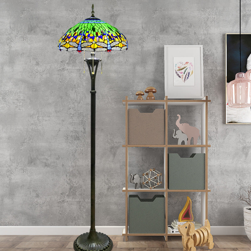 Stained Glass Dragonfly Reading Floor Lamp Baroque 3 Heads Yellow/Blue/Green Pull Chain Stand Up Light with Domed Shade Clearhalo 'Floor Lamps' 'Lamps' Lighting' 1711516