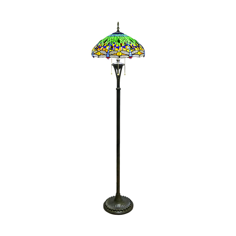 Stained Glass Dragonfly Reading Floor Lamp Baroque 3 Heads Yellow/Blue/Green Pull Chain Stand Up Light with Domed Shade Clearhalo 'Floor Lamps' 'Lamps' Lighting' 1711517