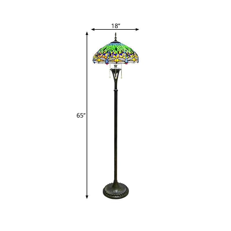 Stained Glass Dragonfly Reading Floor Lamp Baroque 3 Heads Yellow/Blue/Green Pull Chain Stand Up Light with Domed Shade Clearhalo 'Floor Lamps' 'Lamps' Lighting' 1711518