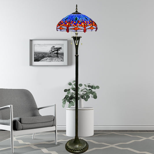 Stained Glass Dragonfly Reading Floor Lamp Baroque 3 Heads Yellow/Blue/Green Pull Chain Stand Up Light with Domed Shade Clearhalo 'Floor Lamps' 'Lamps' Lighting' 1711520