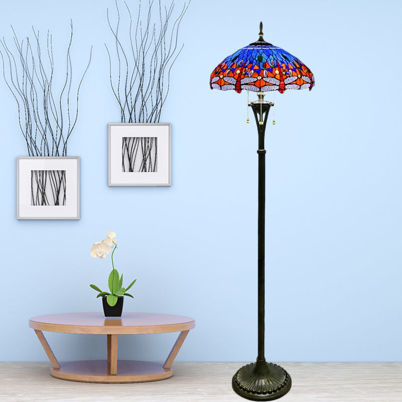 Stained Glass Dragonfly Reading Floor Lamp Baroque 3 Heads Yellow/Blue/Green Pull Chain Stand Up Light with Domed Shade Clearhalo 'Floor Lamps' 'Lamps' Lighting' 1711521