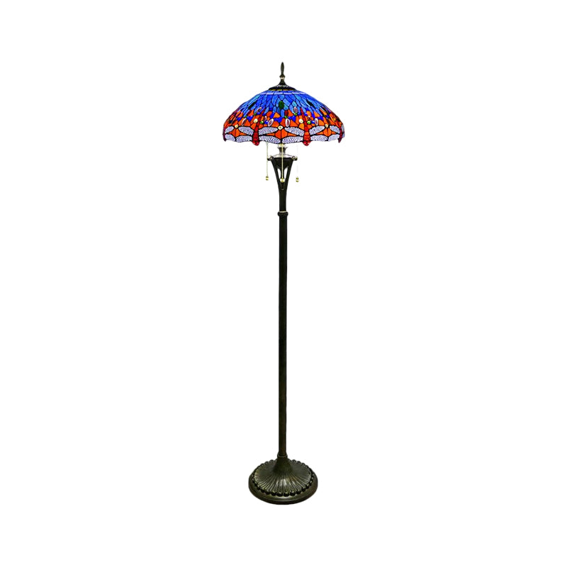 Stained Glass Dragonfly Reading Floor Lamp Baroque 3 Heads Yellow/Blue/Green Pull Chain Stand Up Light with Domed Shade Clearhalo 'Floor Lamps' 'Lamps' Lighting' 1711522