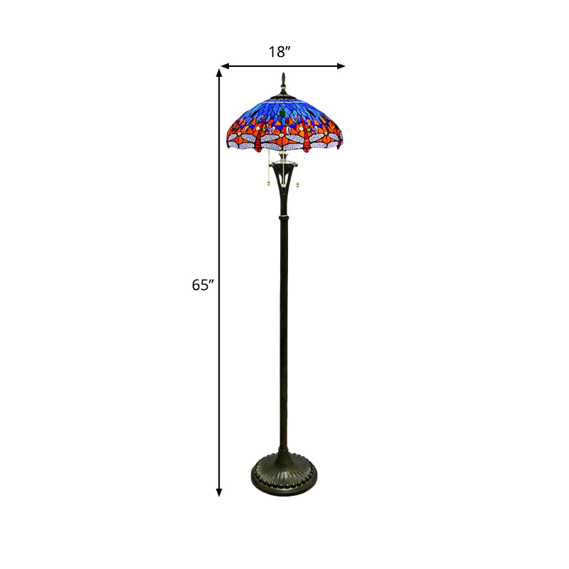 Stained Glass Dragonfly Reading Floor Lamp Baroque 3 Heads Yellow/Blue/Green Pull Chain Stand Up Light with Domed Shade Clearhalo 'Floor Lamps' 'Lamps' Lighting' 1711523