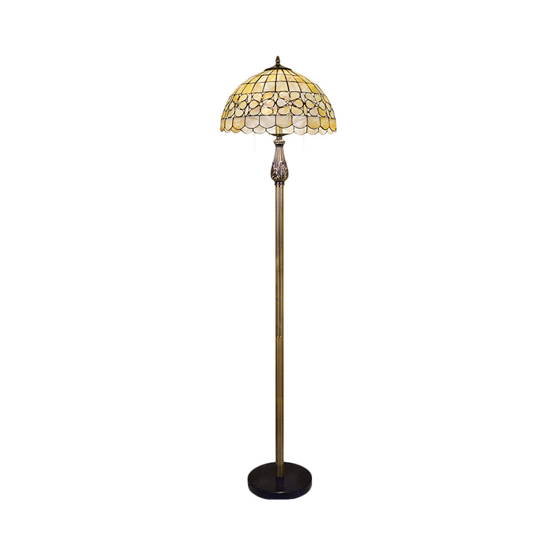 Beige 2 Lights Floor Reading Light Tiffany Shell Domed Stand Up Lighting with Blossom Pattern Clearhalo 'Floor Lamps' 'Lamps' Lighting' 1711526