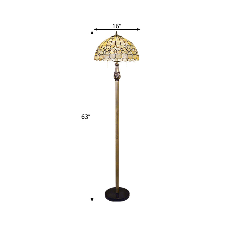 Beige 2 Lights Floor Reading Light Tiffany Shell Domed Stand Up Lighting with Blossom Pattern Clearhalo 'Floor Lamps' 'Lamps' Lighting' 1711527