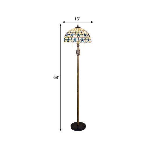 Grid Dome Standing Floor Lighting 2 Heads Shell Baroque Floor Lamp in Blue with Floret Pattern Clearhalo 'Floor Lamps' 'Lamps' Lighting' 1711543