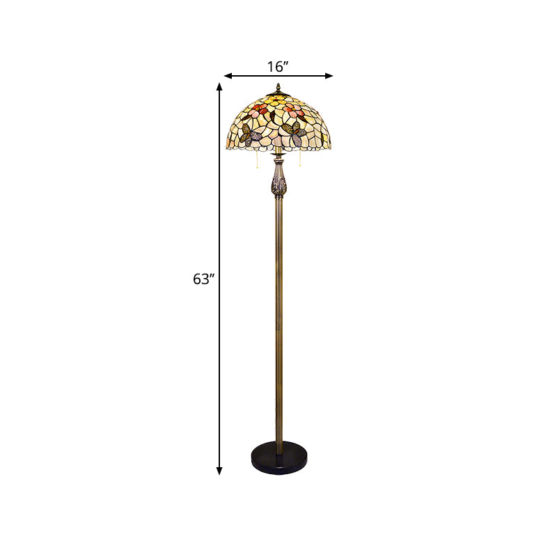 Tiffany Dome Reading Floor Light 2 Lights Shell Butterfly and Flower Standing Lighting in White Clearhalo 'Floor Lamps' 'Lamps' Lighting' 1711551