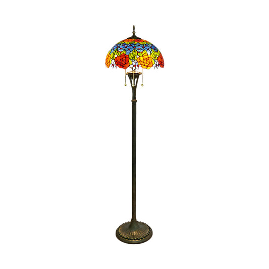 3 Bulbs Flower/Grapes Floor Lighting Tiffany Style Blue and Green/Red and Yellow Standing Glass Standing Lamp with Pull Chain Clearhalo 'Floor Lamps' 'Lamps' Lighting' 1711562