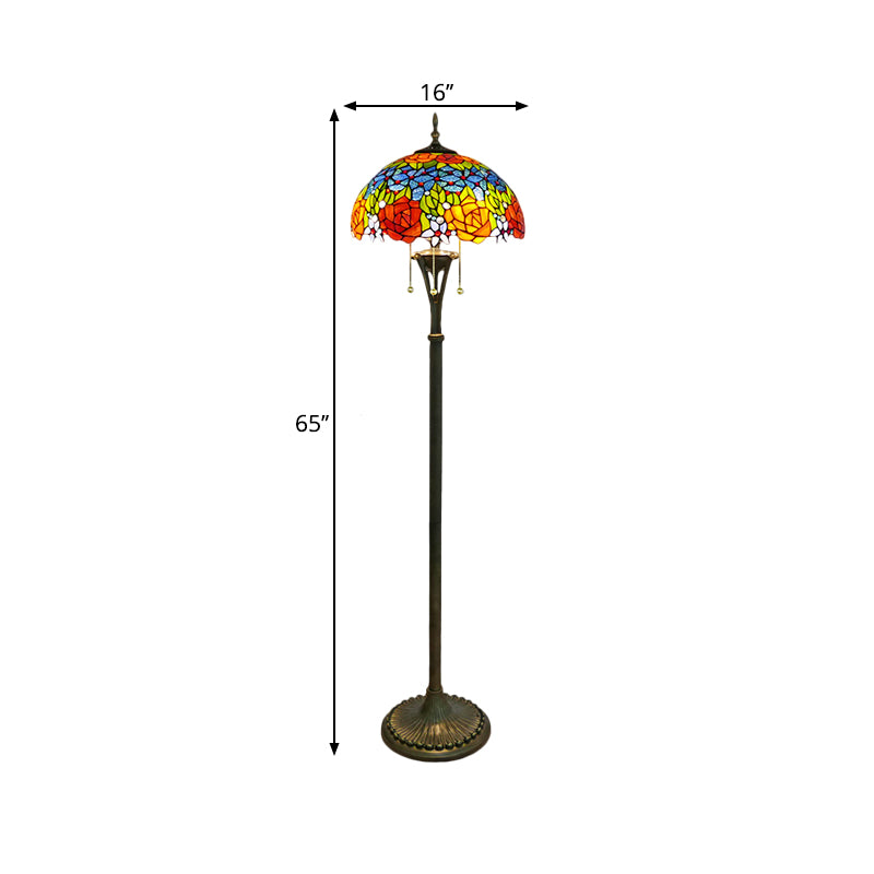 3 Bulbs Flower/Grapes Floor Lighting Tiffany Style Blue and Green/Red and Yellow Standing Glass Standing Lamp with Pull Chain Clearhalo 'Floor Lamps' 'Lamps' Lighting' 1711563