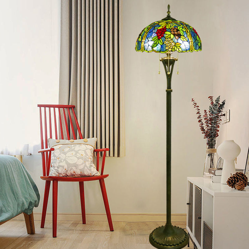 3 Bulbs Flower/Grapes Floor Lighting Tiffany Style Blue and Green/Red and Yellow Standing Glass Standing Lamp with Pull Chain Blue-Green Clearhalo 'Floor Lamps' 'Lamps' Lighting' 1711564