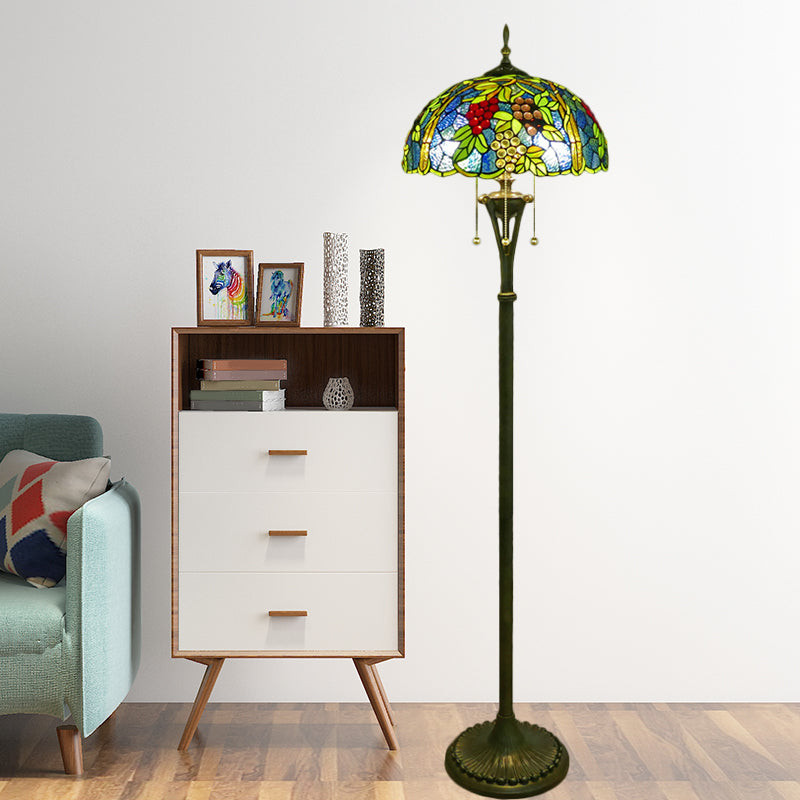 3 Bulbs Flower/Grapes Floor Lighting Tiffany Style Blue and Green/Red and Yellow Standing Glass Standing Lamp with Pull Chain Clearhalo 'Floor Lamps' 'Lamps' Lighting' 1711565