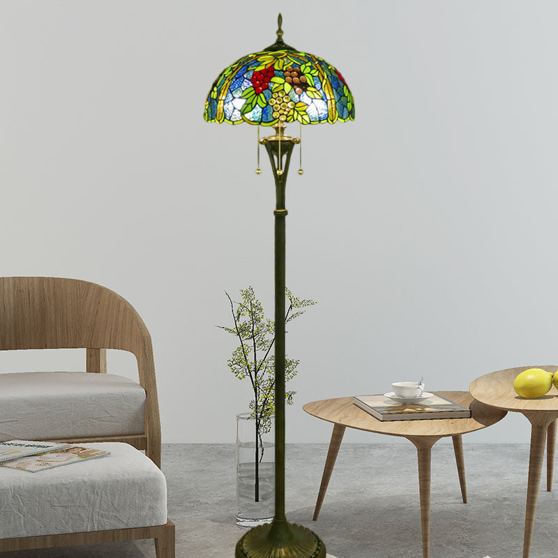 3 Bulbs Flower/Grapes Floor Lighting Tiffany Style Blue and Green/Red and Yellow Standing Glass Standing Lamp with Pull Chain Clearhalo 'Floor Lamps' 'Lamps' Lighting' 1711566