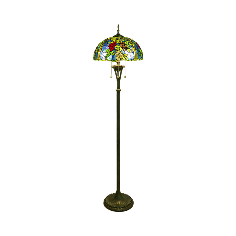 3 Bulbs Flower/Grapes Floor Lighting Tiffany Style Blue and Green/Red and Yellow Standing Glass Standing Lamp with Pull Chain Clearhalo 'Floor Lamps' 'Lamps' Lighting' 1711567