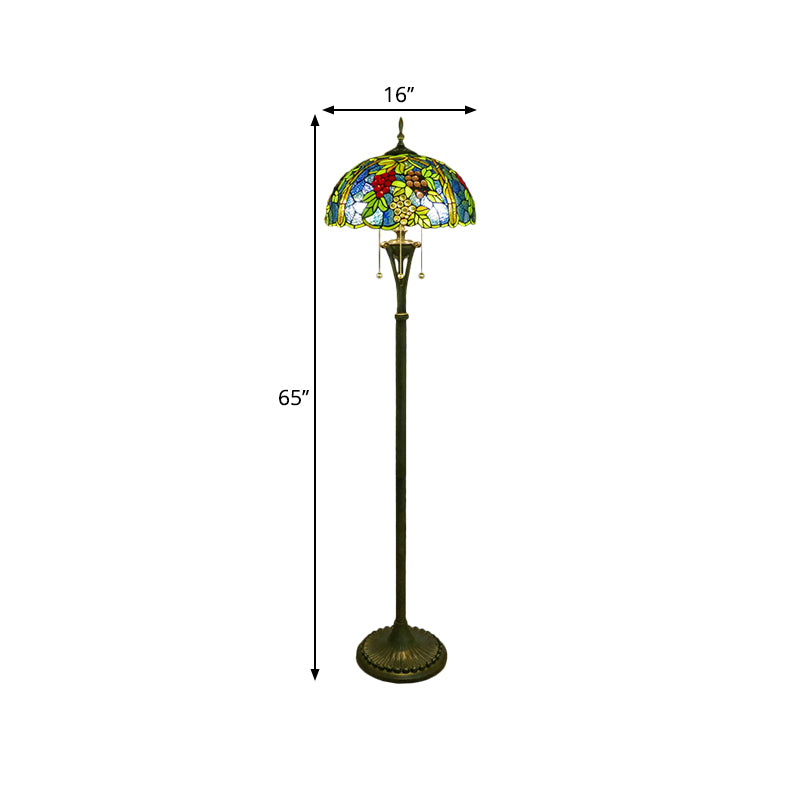 3 Bulbs Flower/Grapes Floor Lighting Tiffany Style Blue and Green/Red and Yellow Standing Glass Standing Lamp with Pull Chain Clearhalo 'Floor Lamps' 'Lamps' Lighting' 1711568