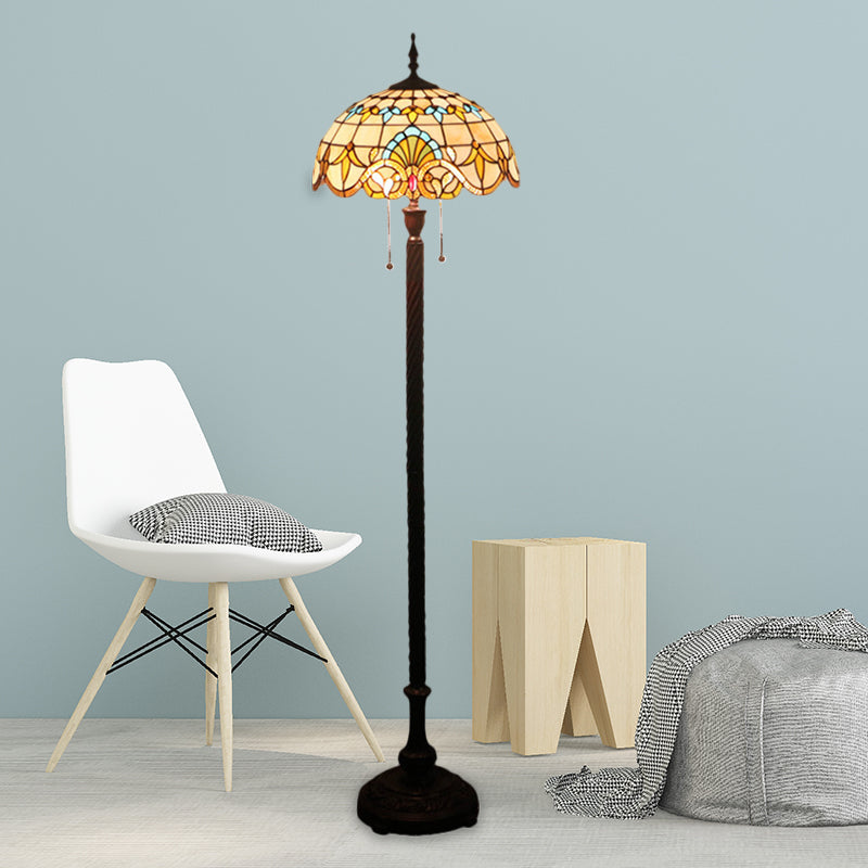 2 Bulbs Standing Light Baroque Dome Shaped Hand Cut Glass Reading Floor Lamp in Black with Pull Chain Clearhalo 'Floor Lamps' 'Lamps' Lighting' 1711570