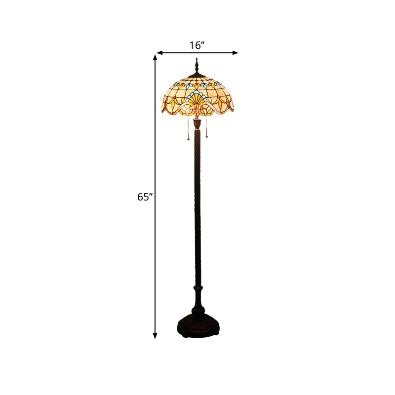 2 Bulbs Standing Light Baroque Dome Shaped Hand Cut Glass Reading Floor Lamp in Black with Pull Chain Clearhalo 'Floor Lamps' 'Lamps' Lighting' 1711572